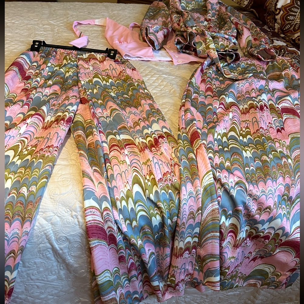 Vintage 5 pc psychedelic 70s elephant bell bottom pants jacket skirt top halter